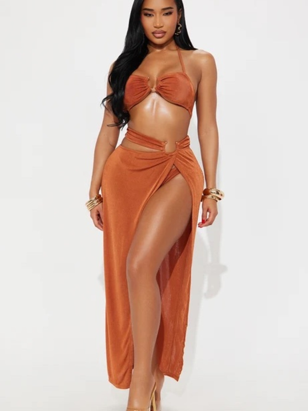 Sonia Hardware Bandeau 3 Piece Bikini Slinky Maxi Skirt Set - Rust